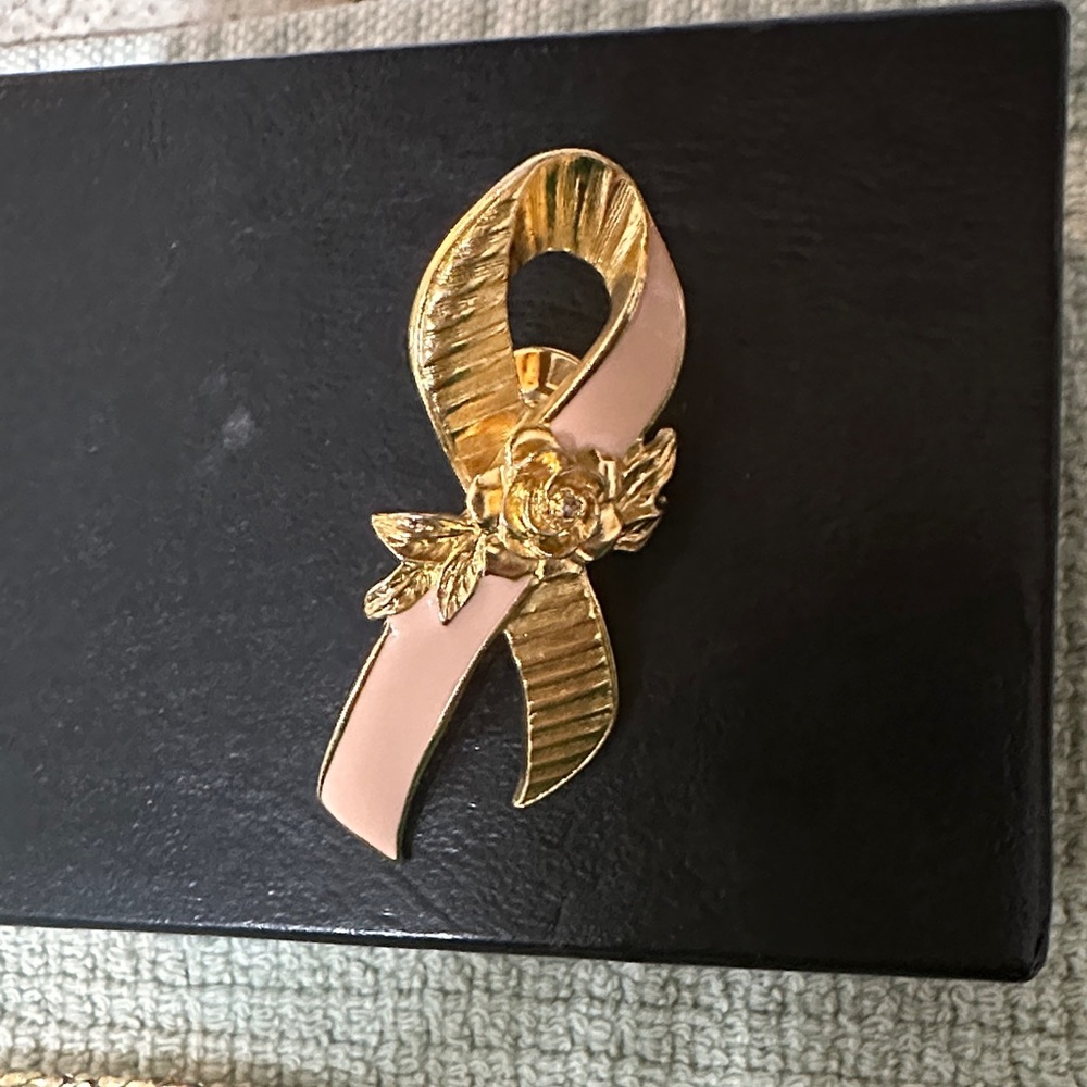Gold and Pink Ribbon Brooch